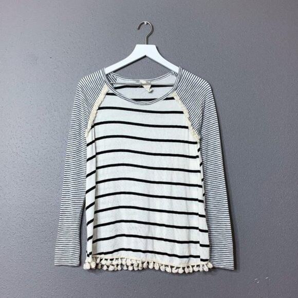 BLU PEPPER Boho Fringe Tassel Trim Cream/Black Striped Tee Long Sleeve Medium - Picture 1 of 7